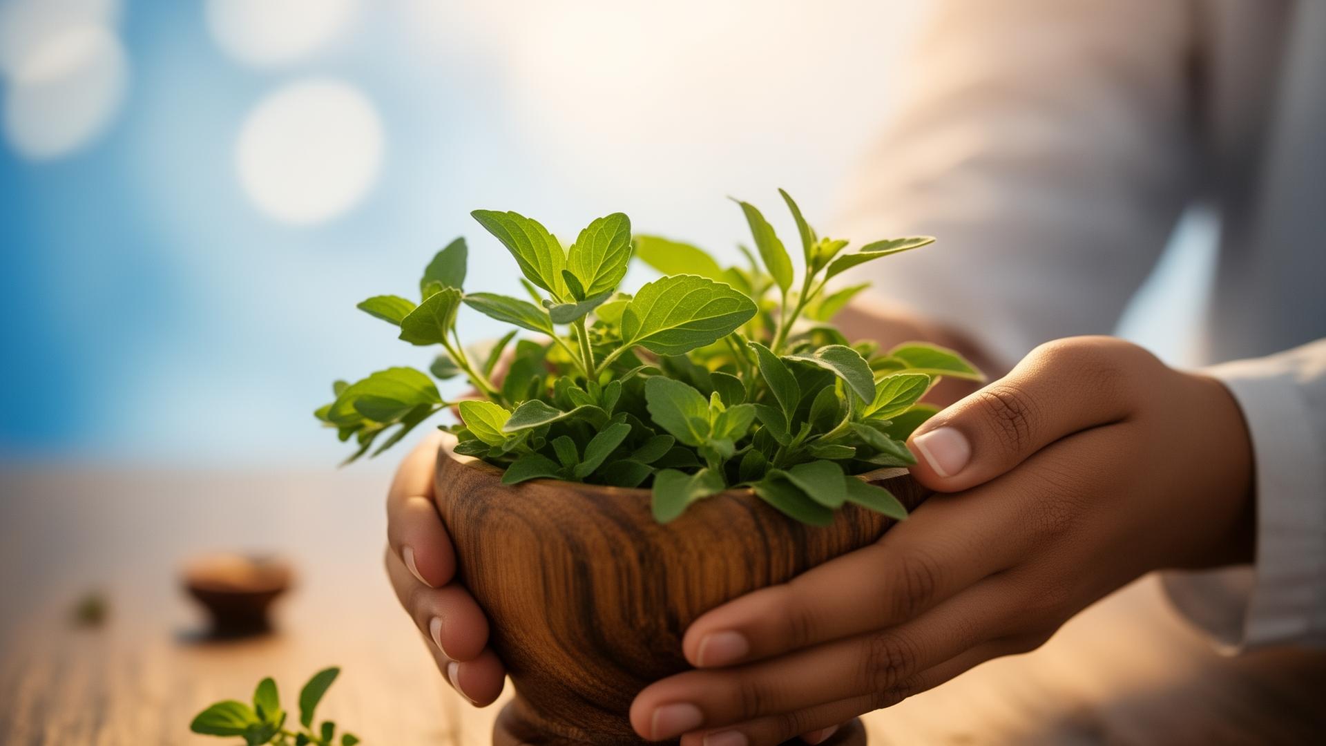 Hands holding fresh ayurvedic herbs